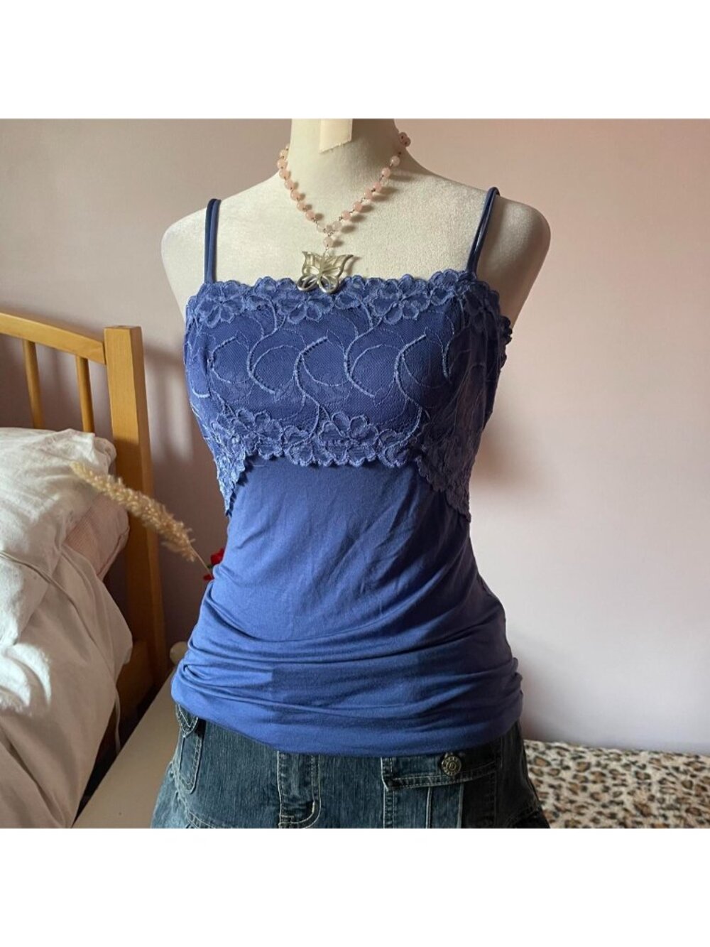 2000s blue lacy cami top